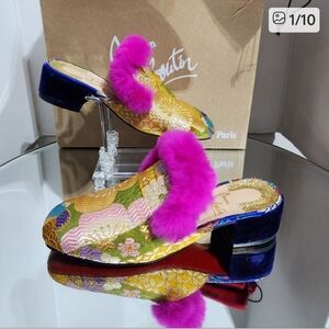Christian Louboutin “May Wong” Brocade Fur Mules — Gold Multicolor — Size 35